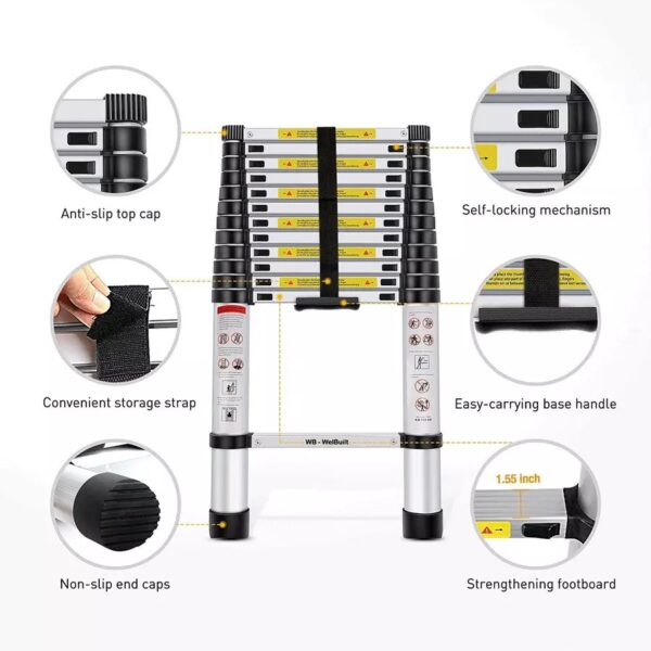 FibreCart 3.8m (12.5 ft) Portable & Compact Ultra-Stable Extendable Aluminium Telescopic Ladder, Home & Industrial Use , Yellow and Black - Image 3